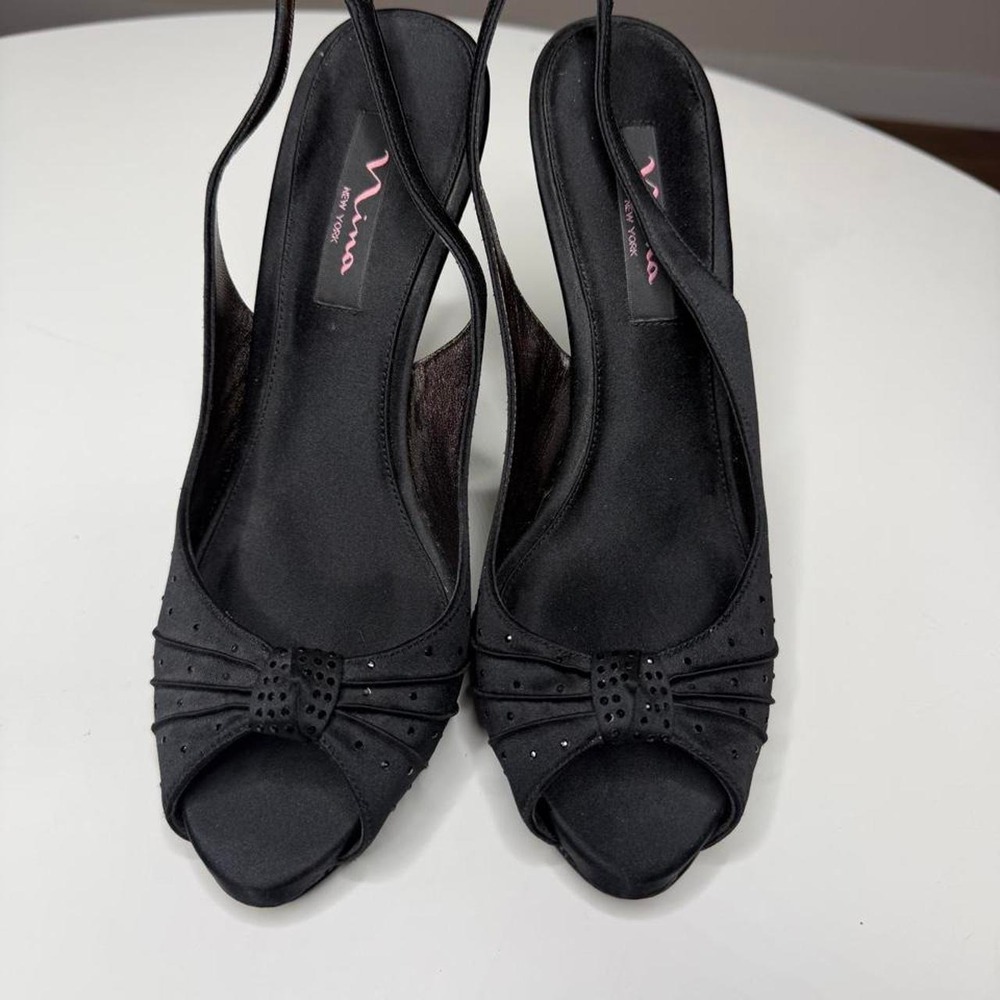 Nina New York Black Satin Rhinestone Bow Slingback Peep-Toe Heels